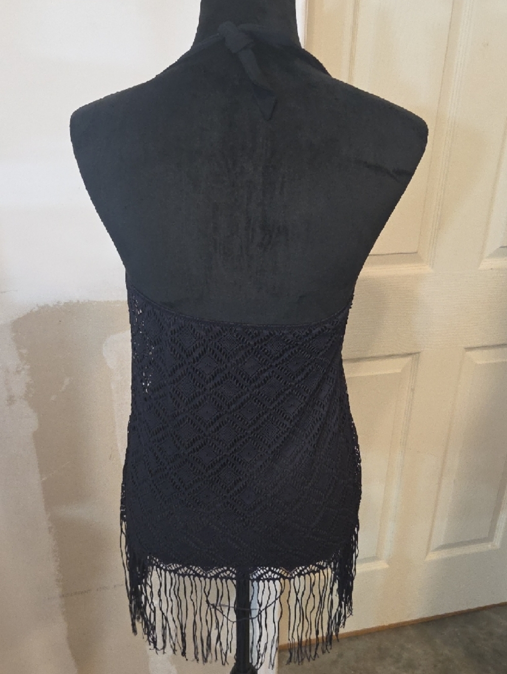 Crochet Halter Fringe Tank Top Swim Top Navy Blue Padded Summer Beach - Picture 4 of 11